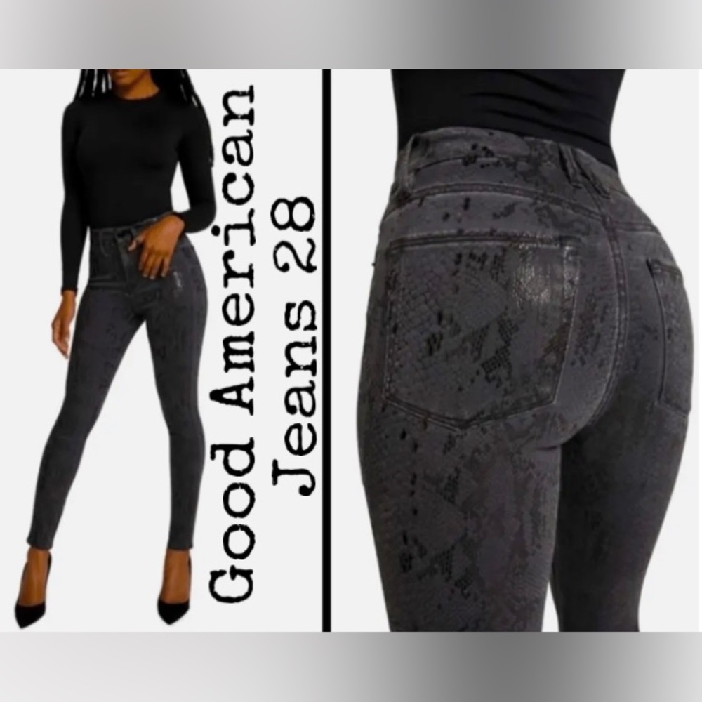 Good American Good Waist Black Foil Snake Print Skinny Jeans sz 28